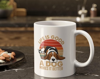 Life Is Good A Dog Makes It Better Mug | Basset Hound Retro Sunrise