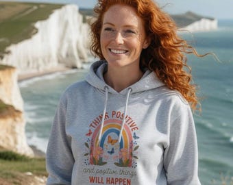 Think Positive Rainbow Illustration Hoodie | Positivity, Floral Accent
