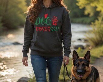 Dog Obsessed Hoodie | Paw Print Script, Green and Red Pet Lover Design