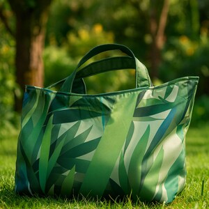 Könnte beinhalten: Eine grüne Tragetasche mit einem botanischen Blättermuster. Die Tasche hat zwei Griffe und besteht aus einem leichten Material. Das Design zeigt verschiedene Grüntöne und erzeugt einen natürlichen und lebendigen Look. Die Tasche liegt auf grünem Gras.
