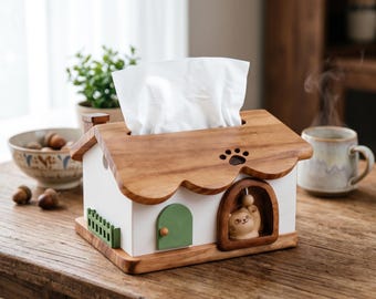 Funda para caja de pañuelos con forma de casita de gato de madera, decoración kawaii estilo cottagecore para habitación, lindo accesorio de escritorio con forma de animal.