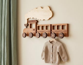 Houten treinkapstok, kinderkamermuurhaak, kinderhoedenhanger, jongenskamerdecoratie
