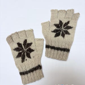 May include: A pair of beige fingerless gloves featuring a dark brown star-shaped pattern on the back of the hand and a horizontal dark brown stripe near the ribbed cuff. The text "Kosha Argentina" is printed in the bottom right corner.