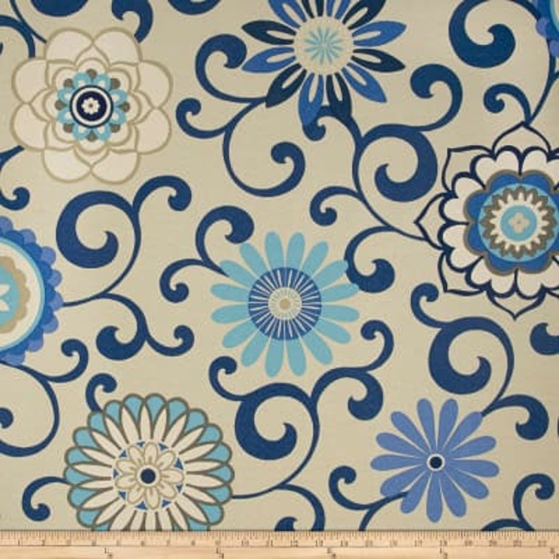 IndoorOutdoor Two 96 x 50 Custom Curtain Panels Blue Beige Taupe Pom Pom Play Large Floral