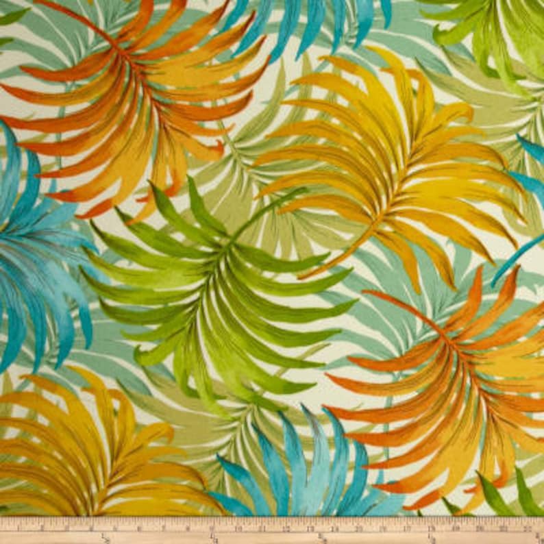 Two 96 x 50 Custom Curtain Panels Indoor Outdoor Blue Green Yellow Orange Teal Foliage Leaves Sunglow