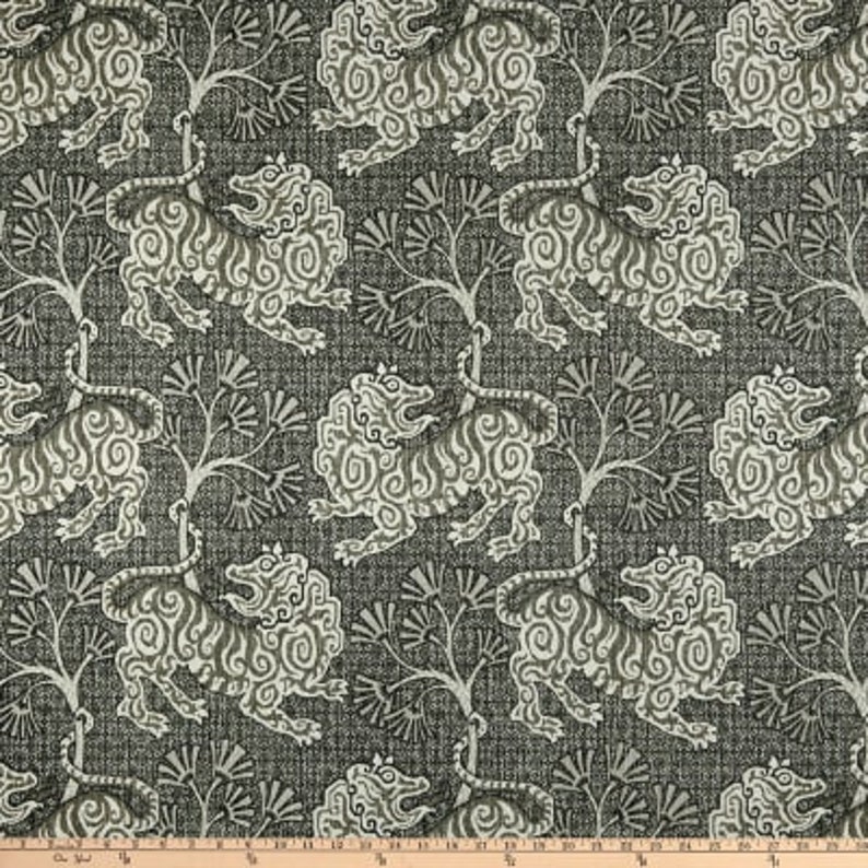 Lion Toile Chinoiserie Grey One Lined Faux Roman Shade Valance Single Fold 18L with Rod Pocket