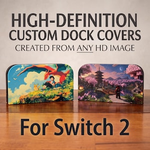 May include: Two custom dock covers for Switch 2 featuring high-definition printed graphics. The left cover displays a character with a dragon and a yellow creature in a landscape. The right cover shows a pixelated landscape with cherry blossoms.