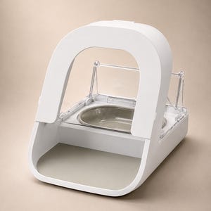May include: A white automatic pet feeder featuring a curved arch frame, a clear plastic lid, and a removable stainless steel bowl set into a base with a light gray mat. The device has a sleek, modern structure designed for dispensing food.