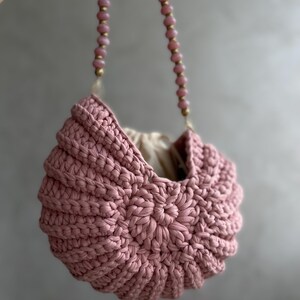 Handmade Crochet Shell Bag, Dusty Pink Jersey Yarn, Beaded Strap Handbag