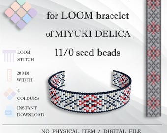 Geometrisches Loom Armband Muster, Miyuki Delica Rocailles Perlen, Rot Schwarz Weiss (PDF Download)