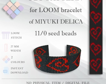 Patrón de pulsera de corazones rojos con cuentas Miyuki Delica (patrón en PDF)
