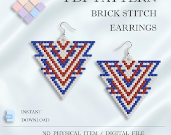 Diseño de pendientes geométricos patrióticos de EE. UU., bordado con cuentas de punto ladrillo, diseño de chevrón rojo, blanco y azul, descarga digital en PDF de Miyuki Delica.