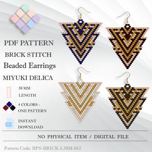 Può includere: Un modello PDF digitale per orecchini di perline a punto mattone. Gli orecchini sono triangolari, lunghi 3,8 cm e sono disponibili in quattro colori. Il design presenta motivi geometrici in blu navy, marrone, bianco e nero con accenti dorati. Download immediato.