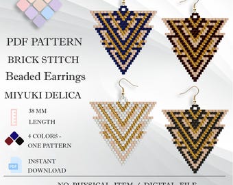Patrón PDF de pendientes triangulares con punto ladrillo, Miyuki Delica 11/0, diseño geométrico con cuentas, 4 colores, joyería para adultos, descarga digital