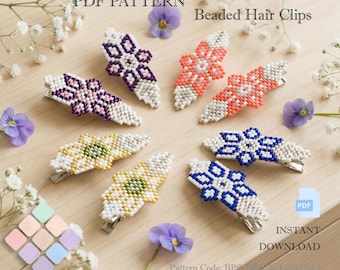 Patrón PDF de pinzas para el cabello con cuentas florales, diseño de puntada ladrillo Miyuki Delica, tabla de bisutería con cuentas, 4 colores