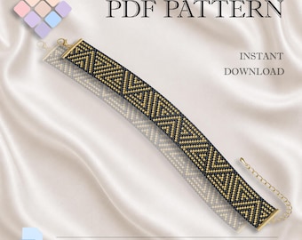Patrón de pulsera Peyote de oro negro, Miyuki Delica PDF, diseño geométrico de tejido de cuentas, descarga instantánea.