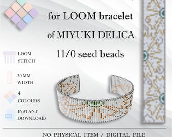 Patrón de pulsera de cuentas florales en telar, brazalete con flores doradas de Miyuki Delica (patrón en PDF)