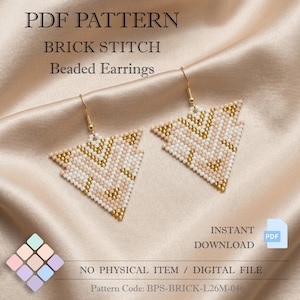 May include: A pair of beaded earrings in a triangular shape, featuring a brick stitch pattern. The earrings are primarily blush pink, white, and gold. The image includes the text "PDF PATTERN BRICK STITCH Beaded Earrings" and "INSTANT DOWNLOAD".