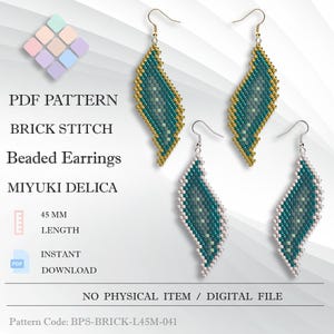 May include: A PDF pattern for beaded earrings in a brick stitch design. The earrings are diamond-shaped, with teal and gold beads. The length of the earrings is 45 mm. The text on the image says "MIYUKI DELICA" and "INSTANT DOWNLOAD".