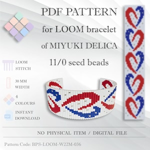 May include: A digital PDF pattern for a loom bracelet. The design features red, white, and blue patterns, with a width of 30 mm. The pattern uses 11/0 seed beads and includes four colors. The text on the image says "PDF PATTERN" and "INSTANT DOWNLOAD".