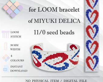 Patrón PDF de pulsera de telar con corazón patriótico, Miyuki Delica 11/0, brazalete con cuentas rojas, blancas y azules