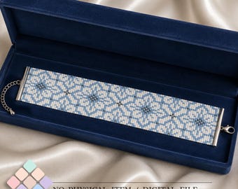 Elegante pulsera geométrica floral azul de LOOM, patrón Miyuki Delica en PDF, joyería artesanal de cuentas de semillas estilo cottagecore boho, regalo único para mujer.