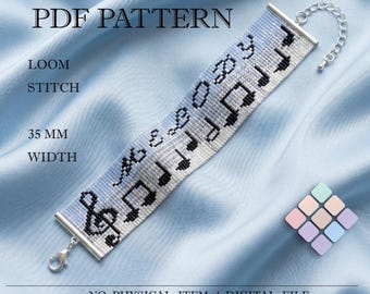 Patrón de pulsera de notas musicales en telar – Miyuki Delica, Clave de Sol (Patrón en PDF)