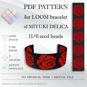 May include: A digital PDF pattern for a loom bracelet. The design features a black background with red rose patterns. The bracelet is 27 mm wide and uses 11/0 seed beads. The pattern is an instant download.