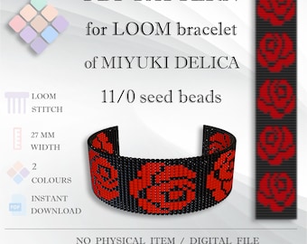 Patrón de pulsera de rosas rojas, abalorios Miyuki Delica (PDF), pulsera Passion, regalo para joyeros