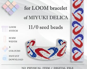 Patrón PDF de pulsera de telar patriótico de EE. UU., corazones rojos, blancos y azules, Miyuki Delica 11/0