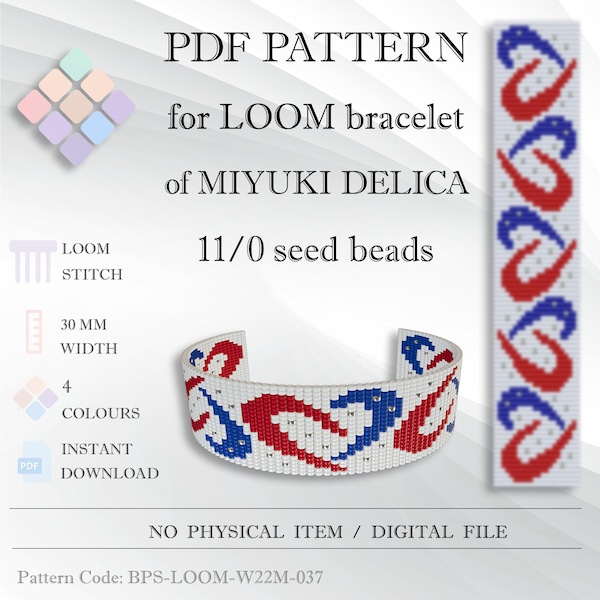 Patriotiskt USA Loom Armband PDF Mönster, Röda Vita Blå Hjärtan, Miyuki Delica 11/0