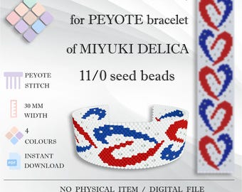 Patrón de pulsera de peyote con corazón patriótico, colores de EE. UU., Miyuki Delica 11/0 (patrón en PDF)