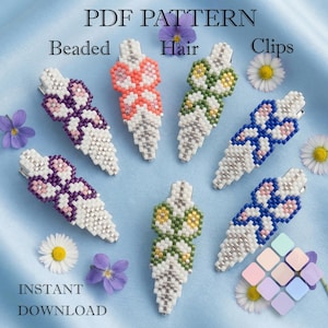 May include: Seven beaded hair clips in various colours, including purple, coral, green, and blue, arranged on a light blue surface. Each clip features a floral design. The image also includes text that reads "PDF PATTERN Beaded Hair Clips" and "INSTANT DOWNLOAD."