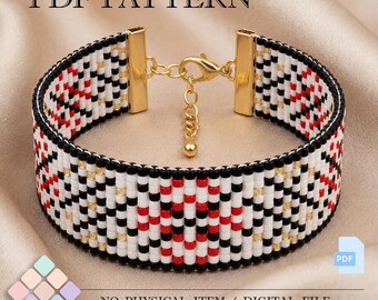 Patrón geométrico tribal para pulsera tejida en telar, diseño de cuentas Miyuki Delica (descarga en PDF)