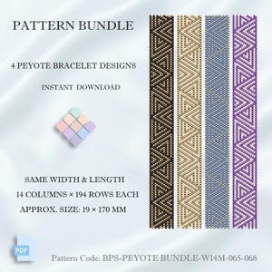 May include: A digital pattern bundle featuring four peyote bracelet designs with geometric triangle motifs in black, gold, blue, and purple. The text reads PATTERN BUNDLE, 4 PEYOTE BRACELET DESIGNS, INSTANT DOWNLOAD, 14 COLUMNS x 194 ROWS, 19 x 170 MM.