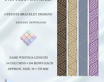 Paquete de patrones geométricos para pulseras peyote, 4 diseños en PDF para Miyuki Delica, elegantes patrones para pulseras ornamentales, tejido de cuentas.