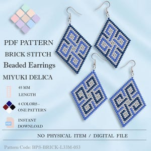 May include: A digital PDF pattern for brick stitch beaded earrings. The earrings are diamond-shaped, featuring a geometric design in shades of blue and white. The earrings are 45 mm in length. The pattern includes 4 colors and is an instant download.