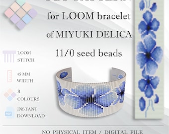 Patrón de pulsera Floral Loom – Delicadas flores azules, Miyuki Delica 11/0, patrón de cuentas en PDF.
