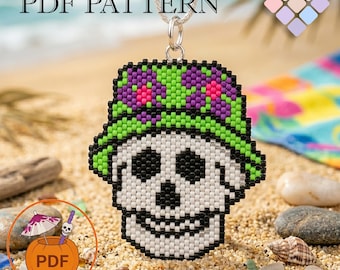 Patrón de calavera Summerween en PDF, parche de abalorios con puntada peyote y ladrillo, colgante de esqueleto, idea de regalo a juego para parejas.