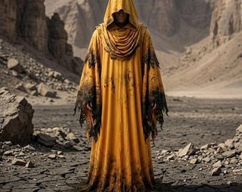 Capa con capucha de Hastur – Túnica ritual andrajosa inspirada en el Rey de Amarillo, disfraz de sacerdote de fantasía oscura.