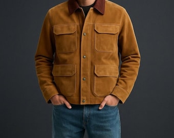 Men's Brown Genuine Suede Trucker Jacket - Handmade Western Coat