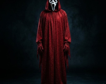 Disfraz brillante de Ghostface: bata y máscara de punto brillante de la película Scream.