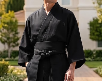 Kimono de samouraï noir pour homme avec ceinture obi | Costume traditionnel japonais