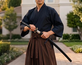 Kimono fait main et pantalon hakama taille haute – Tenue culturelle pour événements – Robe ninja