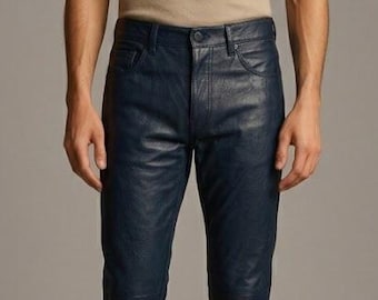 Pantalon de motard pour homme en cuir d'agneau véritable bleu foncé