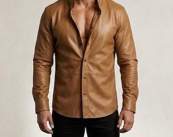 Chemise homme en cuir d'agneau marron clair – Veste boutonnée coupe ajustée à col montant