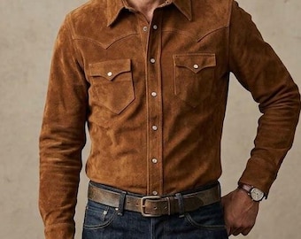 Men's Cowhide Suede Western Shirt – Genuine Leather Trucker Style, Snap Buttons
