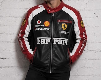 Veste de course Ferrari en cuir de vachette véritable, faite main, style motard, vintage, pour hommes et femmes.