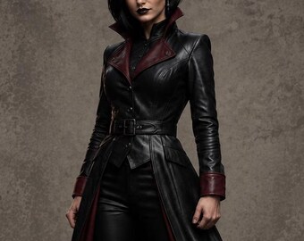 Trench-coat gothique en cuir pour femme, long manteau en cuir noir, veste de cosplay de vampire, costume gothique victorien, manteau en cuir pour Halloween