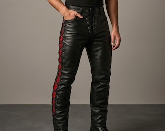 Pantalon en cuir noir à lacets pour homme, pantalon gothique pour cosplay, pantalon de motard punk en cuir, pantalon de costume Renaissance, alternative faite main